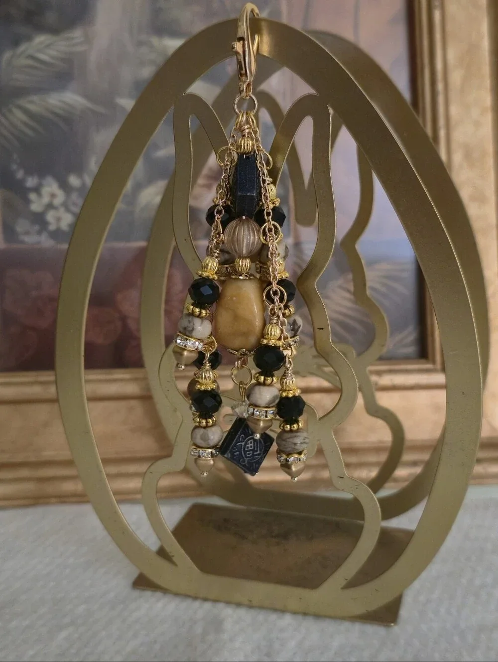Gold-Tone Black and Amber Beaded Statement Earrings